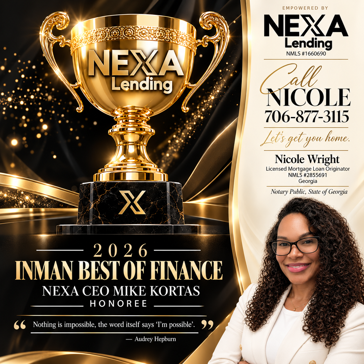 NEXA Lending recognition graphic for 2026 Inman Best of Finance, honoring CEO Mike Kortas, alongside Call Nicole branding
